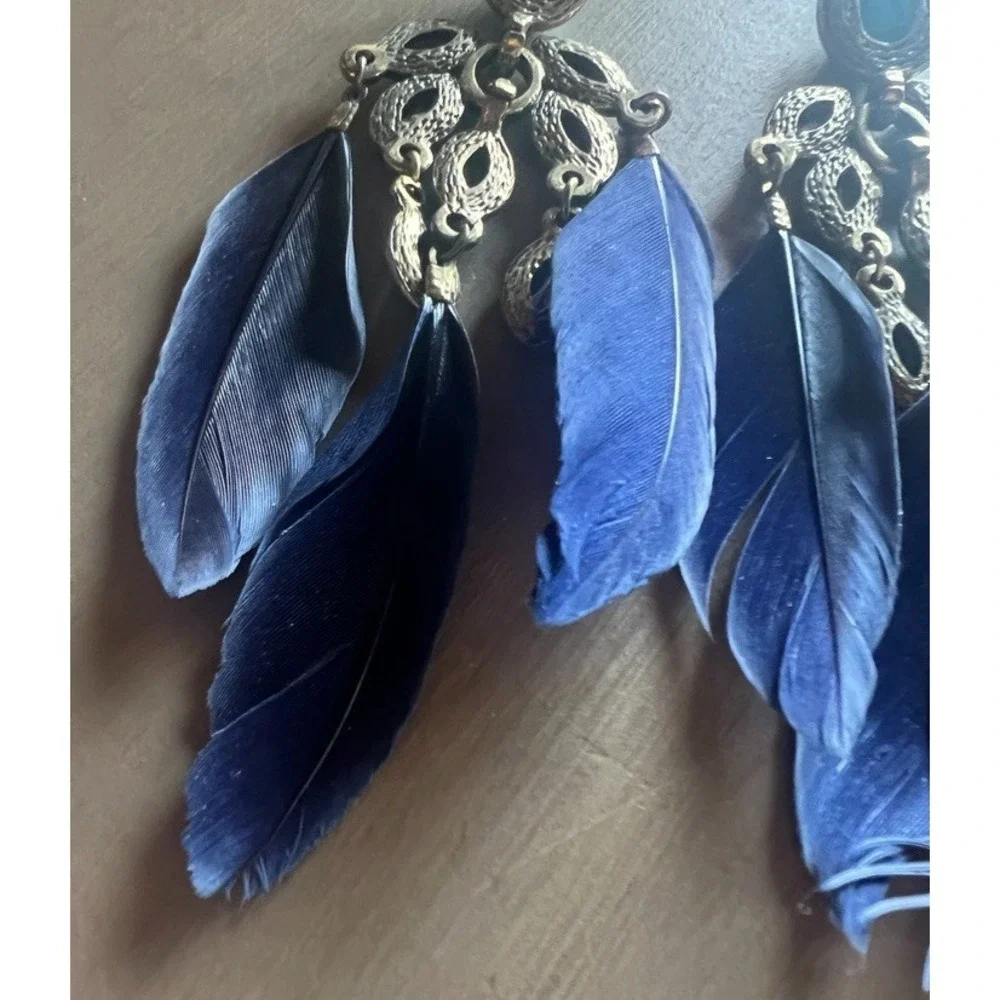 Boho Western Feather Earrings Turquoise Look Stone Chandelier Dangle‎ Cowgirl